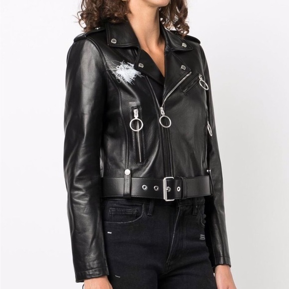 Off White Leather Biker Jacket arrows motif - Picture 2 of 9
